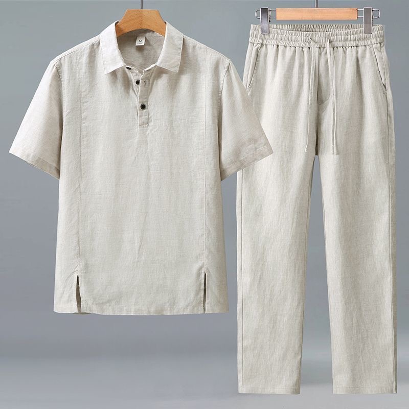 Short Linen Drawstring - แฟชั่นฤดูใบไม้ผลิ/ฤดูร้อน เสื้อยืดแขนยาวสไตล์เรโทร ชุดผ้าฝ้ายลินินลำลองสำหรับผู้ชาย ไซส์ใหญ่ คุณภาพสูง ชุดสองชิ้น