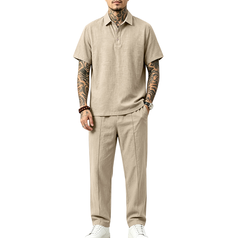 Short Linen Drawstring - ชุดโปโลชาย 2 ชิ้น เสื้อโปโลแขนสั้นคอปก & กางเกงขายาวทรงตรง