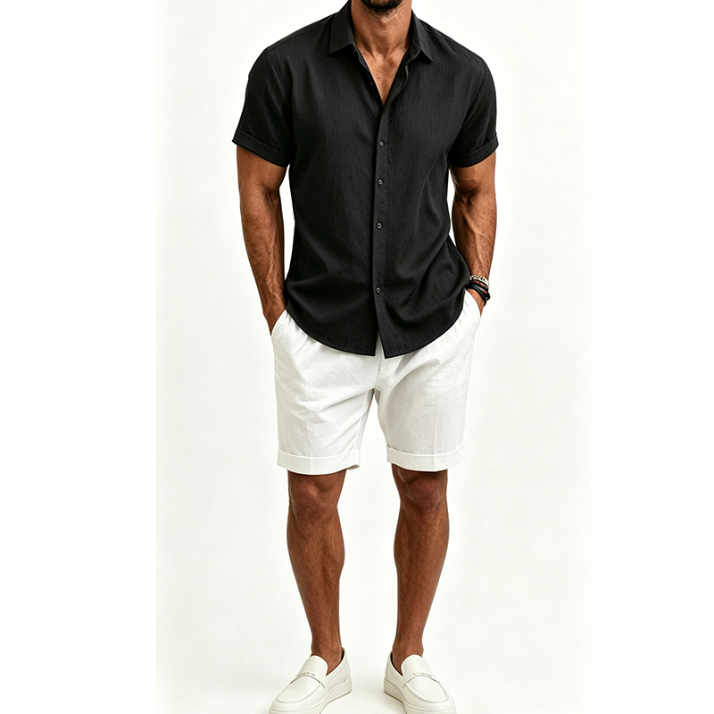 ชุดเสื้อเชิ้ตผ้าฝ้ายลินินสำหรั - Short Linen Drawstring บทวิจารณ์และราคา